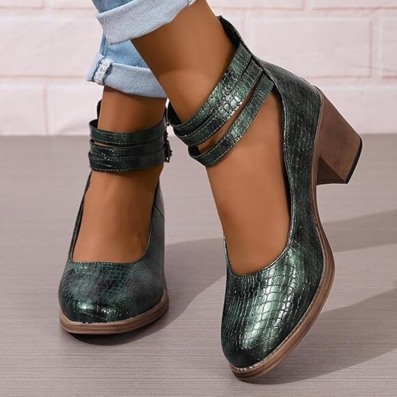 Womens Pumps Heels Animal Print Round Toe Ankle Straps-Green - Picture 2 of 5